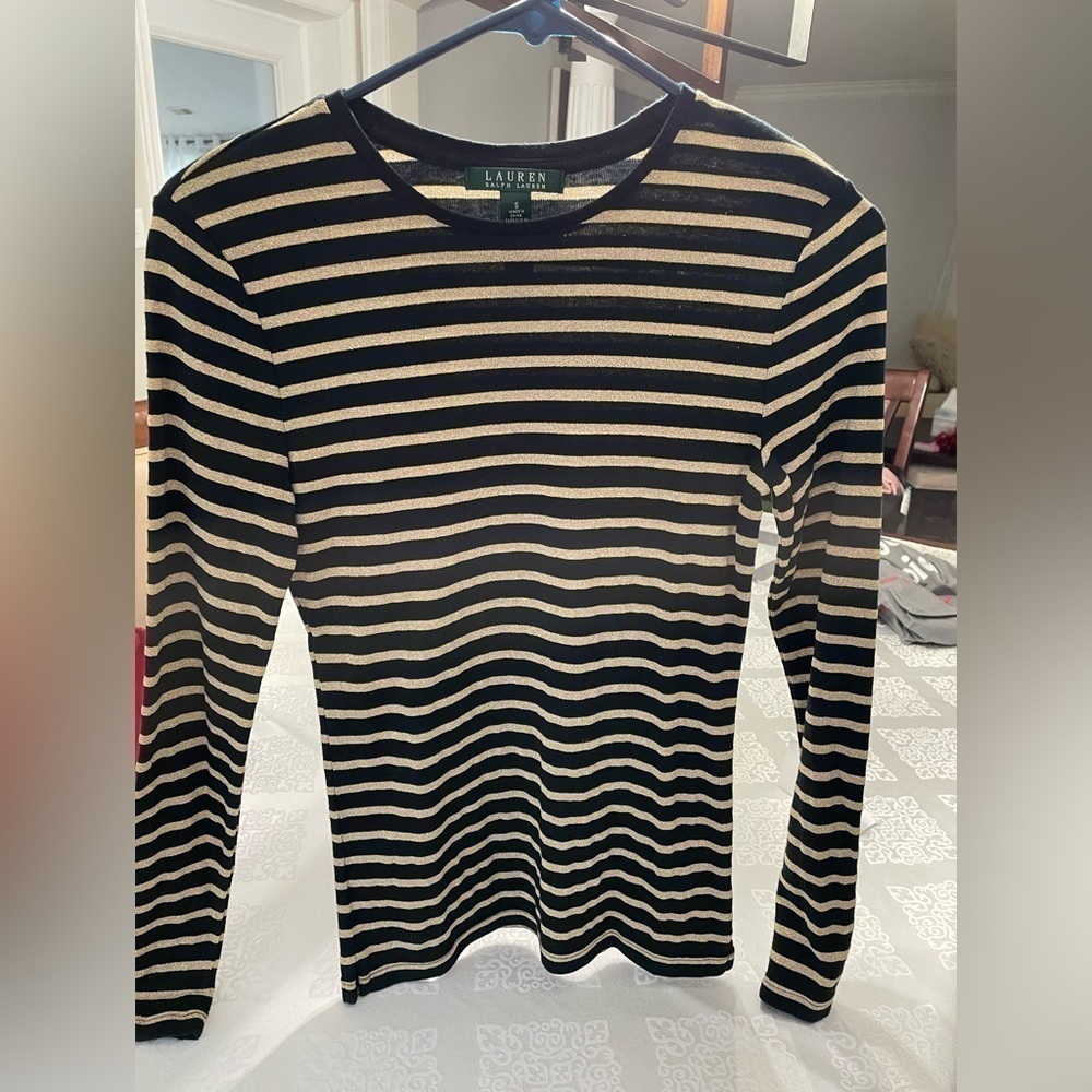 Ralph Lauren black with gold stripes women’s top long sleeves.